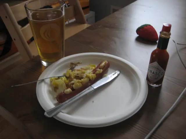 hot dog, gouda, egg, tabasco