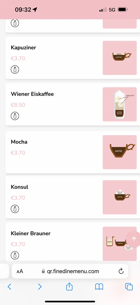 partial coffee menu from Aida