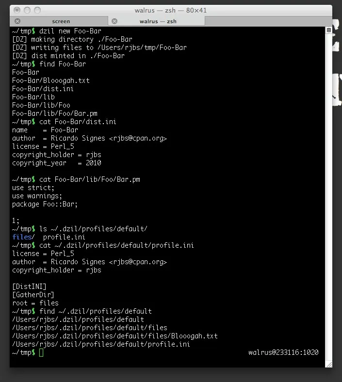 first run of the new, complete-ish `dzil new`